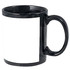 A black coffee mug with a glossy finish and a blank white space on one side, featuring a simple handle.