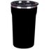 A drink bottle in matte black with a stainless steel rim and a black lid, featuring a logo.