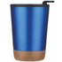 A blue drinkware mug with a cork base and a black straw, featuring a simple logo.