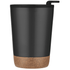 A coffee mug in matte black with a cork base and a straw. The mug features a logo on the side.