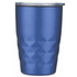A coffee mug in a matte blue finish with a geometric design and a transparent lid.