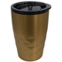 A coffee mug in a metallic gold colour with a textured design and a black lid. Features a logo.