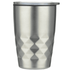 A stainless steel coffee mug with a textured, diamond pattern and a plastic lid. The mug has a silver finish.