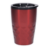 A red coffee mug with a textured diamond pattern and a black lid. It features a branding logo.