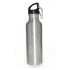 A drink bottle made of stainless steel with a black cap and a built-in carabiner for easy attachment.