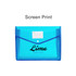A blue and lime document folder with a transparent front, features a button closure and an index label area.