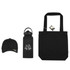 A black tote bag, black drink bottle, and black cap, all featuring a logo.