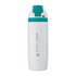 A drink bottle in white with a teal lid and a logo on the side.
