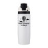 A drink bottle in white with a black lid featuring a logo and a design of hot air balloons.