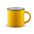 A yellow mug with a black rim and a handle, featuring a glossy finish and an interior of a lighter colour.