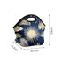 A navy blue neoprene lunch bag with a floral design, featuring a handle and dimensions indicating its size.