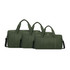 A set of three durable duffle bags in a dark green shade, featuring sturdy handles and a detachable shoulder strap.
