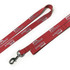 A red polyester dog leash with a shiny metal clip and branding throughout its length.