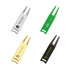 A set of four golf divot tools in silver, green, gold, and black, each featuring a logo.