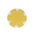 A yellow poker chip with white accents and embossed designs around the edge.