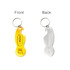 A drink bottle opener keyring in a custom shape featuring yellow and silver colours with a logo on the front.