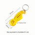 A drink bottle opener keyring in a custom yellow shape, featuring a logo, with measurements indicated.