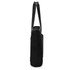 A black tote bag with long handles, featuring a sleek design and a logo. Side view showcasing its shape.
