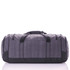 A grey duffle bag with black accents, featuring multiple handles and a sturdy design. It has a logo on the side.