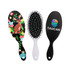 A custom hair brush with a floral kangaroo design, a white brush, and a black brush featuring a logo.