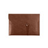 A brown PU leather folder featuring a button closure and a sleek, textured finish. It includes a logo.