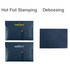 A navy PU leather folder with a button closure, featuring one logo and a debossed design on the surface.