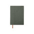 A colour changing PU leather notebook in a muted green hue with a brown ribbon bookmark. It features a textured finish and a logo.