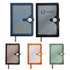 A5 magnetic buckle pocket notebooks in blue, black, orange, grey, and green, featuring various designs and a logo.
