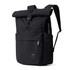 A black rolltop backpack with a front pocket and shoulder straps, featuring a logo on the side.