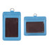 A blue PU leather card holder featuring two pockets for cards and a loop for attachment.