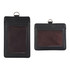 A black PU leather card holder with two compartments, featuring clear windows for display and a metal ring attachment.