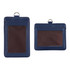 A navy blue PU leather card holder featuring two compartments with clear windows and a ring at the top.