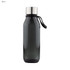 A drink bottle in black Tritan material with a silver metal lid and a black strap for easy carrying.