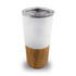 A drink bottle featuring a white upper with a bamboo lower section and a clear lid. It includes a logo.