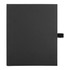 A black folder with a flap closure, featuring a textured surface. It has a strap for secure closure and organisation.