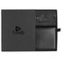 A black gift box containing a black leather wallet, featuring a logo inside.