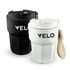 A double wall coffee cup set in black and white, featuring a lid and a strap, with a logo.