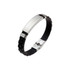 A stainless steel buckle latch bracelet with a sleek silver clasp and a black braided design.