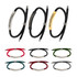 A collection of metal woven bracelets in black, red, green, and burgundy, featuring various colour finishes and a logo.
