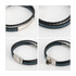 A double-layer leather bracelet featuring black and blue woven detailing with a metallic clasp and branding.