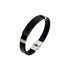 A black leather bracelet featuring a rectangular metal plate and silver accents. It has a clasp closure.
