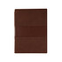 A brown notebook with ribbed texture and a smooth band across the centre. Includes a logo on the cover.