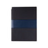 A navy blue notebook with a textured cover and a smooth blue band. It features a logo on the front.