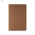 A brown notebook with a natural finish featuring rounded corners and a simple design. It has a logo on the cover.