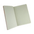 An open, lined notebook featuring a soft green interior and a brown cover.