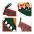 Custom felt patch Christmas stocking in green and red tartan, featuring decorative elements like bows and pom-poms.