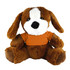 A brown plush dog with soft fur, wearing an orange shirt, sitting upright. The toy has a cute face and floppy ears.