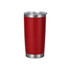 A drink bottle made of red stainless steel with a double wall design and a clear lid. It has a silver base and a logo.