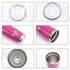 A drink bottle featuring a pink exterior, stainless steel double wall, and a clear lid with a branding logo.