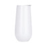 A drink bottle in clear, frosted glass design with a metallic rim, featuring a logo on one side.